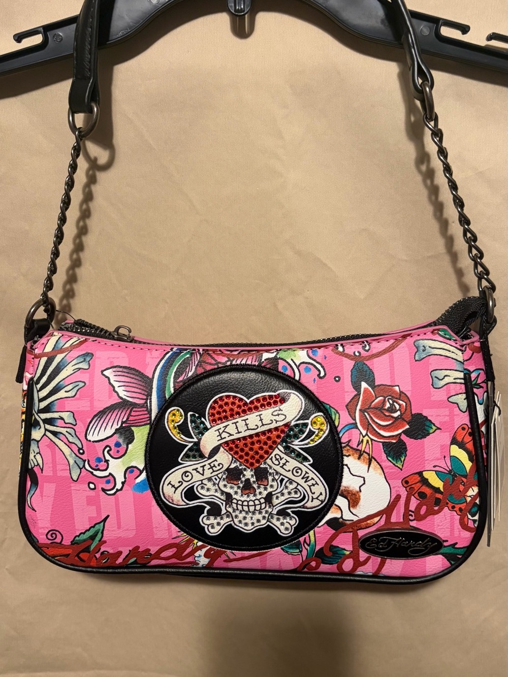 Ed Hardy Pink Floral Skull Heart Shoulder Bag with Chain Detail
